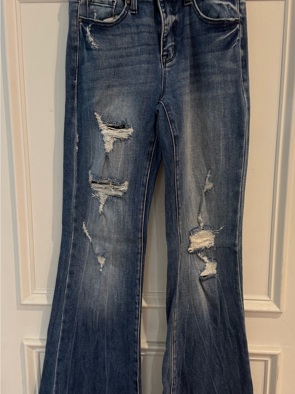 Women's Distressed Blue Flare Jeans - High-Rise Flared Leg